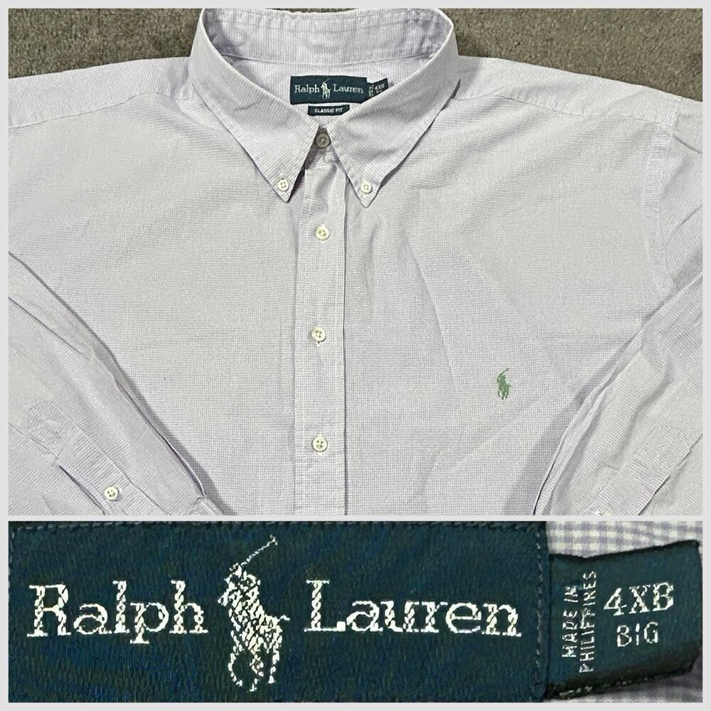 Ralph Lauren Men's 4XB Purple / Lilac Micro Check 100%‎ Cotton Long Sleeve Shirt